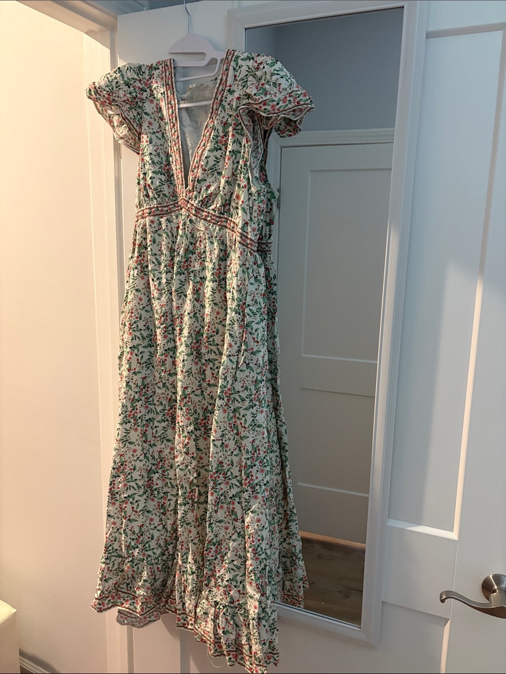 Max Studio Floral V-Neck Maxi Dress in Green and Pink